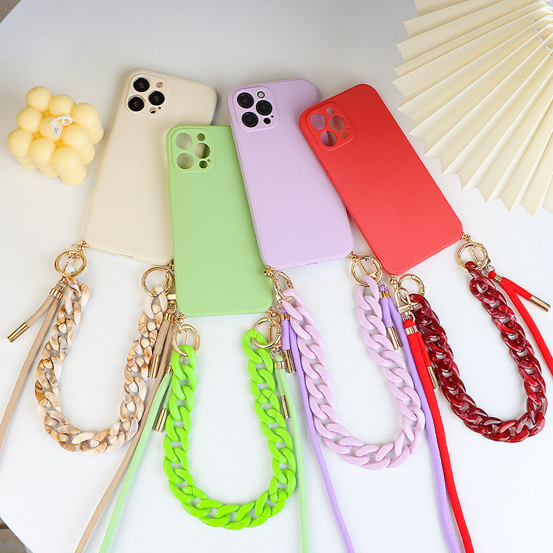 Crossbody Solid Color Lens All-inclusive Mobile Phone Soft Case Lanyard Chain