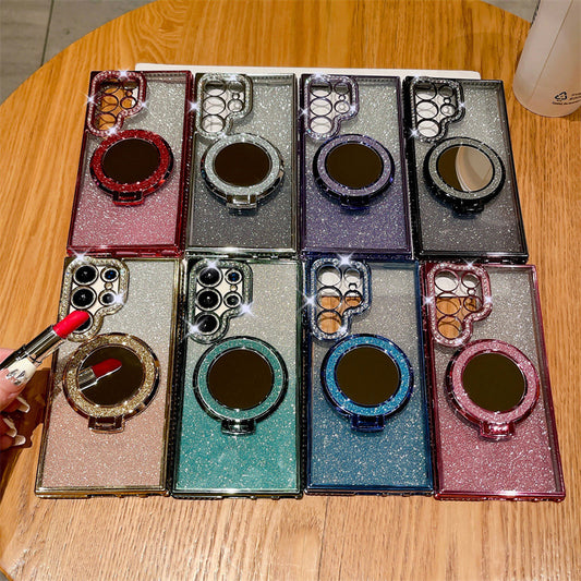 Rhinestone Glitter Magnetic Suction Mirror Bracket Drop-resistant Soft Case Phone Case