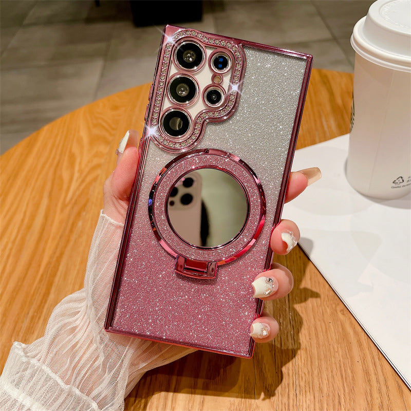 Rhinestone Glitter Magnetic Suction Mirror Bracket Drop-resistant Soft Case Phone Case