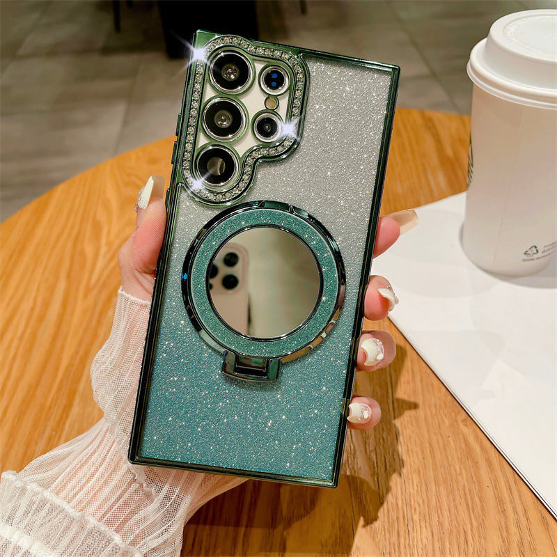 Rhinestone Glitter Magnetic Suction Mirror Bracket Drop-resistant Soft Case Phone Case